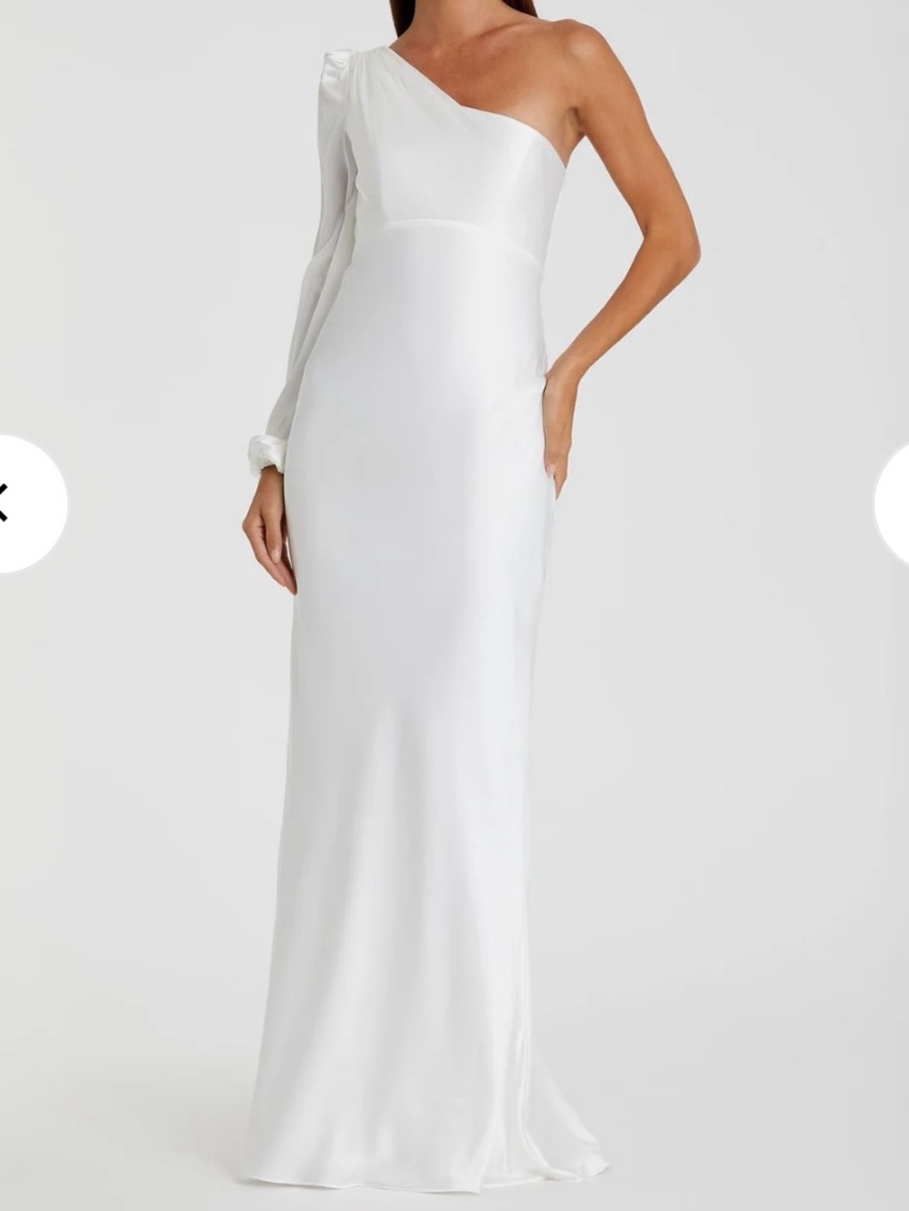 Mac Duggal 55401 One-Shoulder White Satin Blouson Sleeve Gown. 8. NWT. Callout